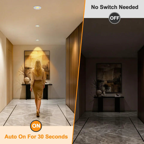 HITOO 3 Inch Motion Sensor Recessed Downlight Light 3000K, White, 2 Pack illuminating a hallway with a woman walking.