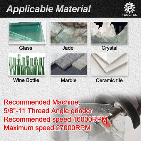 Image showing materials for Five Pack Dope Mini Diamond Glass Cutting Disc Set With 30mm Blades: glass, jade, crystal, marble, ceramic.