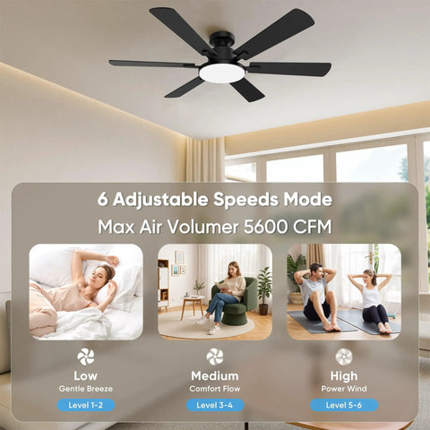 Smooth As Butter 52 Inch Ceiling Fan With Slick App And Remote Controls Featuring Whisper Quiet Motor Six Sleek Blades Dimmable Led Glow For Chill Living Room Setups displaying adjustable speed modes.