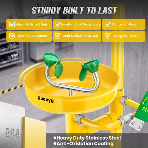 Heavy Duty 304 Stainless Steel Emergency Shower And Eyewash Station Kit with yellow basin and green eyewash caps