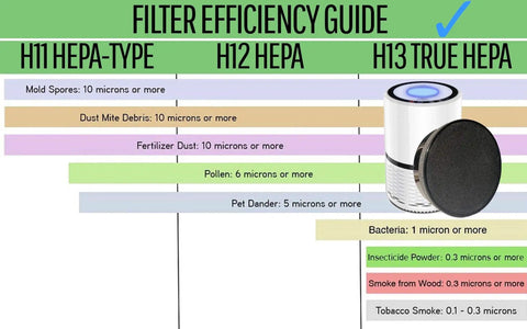 Filter efficiency guide with the 3-In-1 Replacement Filters For Geniani G-2000 Air Purifier, H13 Grade Main Filter comparison chart.
