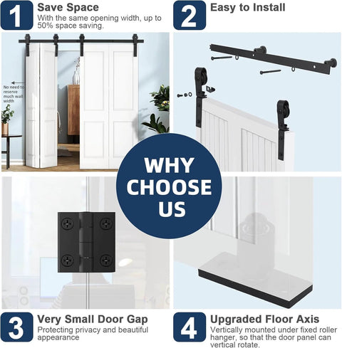 52 Inch Barn Door Track Sliding Kit with Side Mounted Black Rollers for Bifold Doors Up to 400 Lbs diagram showing features