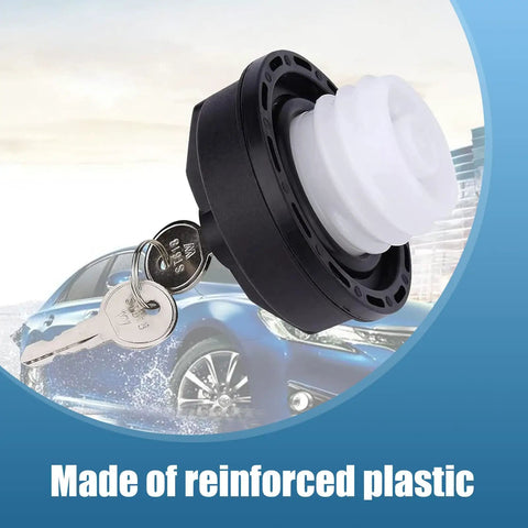 Black locking fuel tank cap with key inserted, anti-theft ABS gas cap, universal fit for cars, durable black cap with accessories