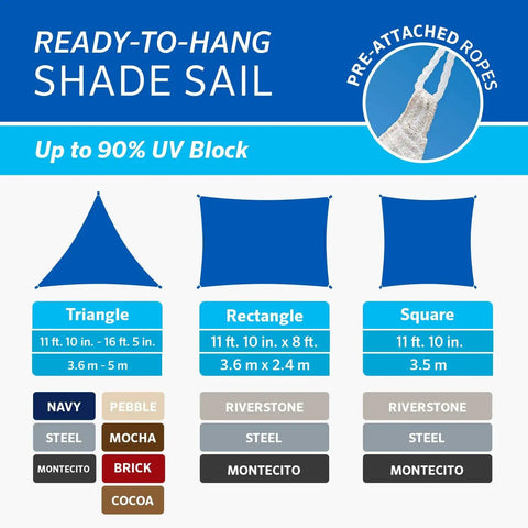 Diagram showing ready-to-hang shade sails in triangle, rectangle, and square formats with pre-attached ropes.