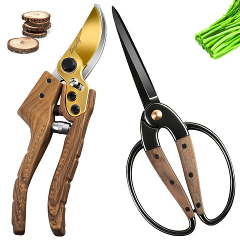 Two Piece Garden Pruning Shears Set With Pro Grade SK5 Blade Pruner And Precision Garden Scissors, Walnut Like Ergonomic Handles