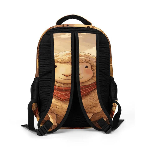 Plaid Bandana Farm Sheep Print Unisex Backpack With Large Capacity showing back view with padded straps and sheep design