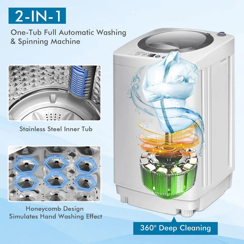 Full Auto Portable Washing Machine, 8 Pounds Compact Laundry Washer Spin Dryer Combo With Led Display, Three Water Settings, Hassle Free Pick For College Dorms, Apartments, Road Trips And Tiny Spaces showing stainless steel inner tub and honeycomb design.