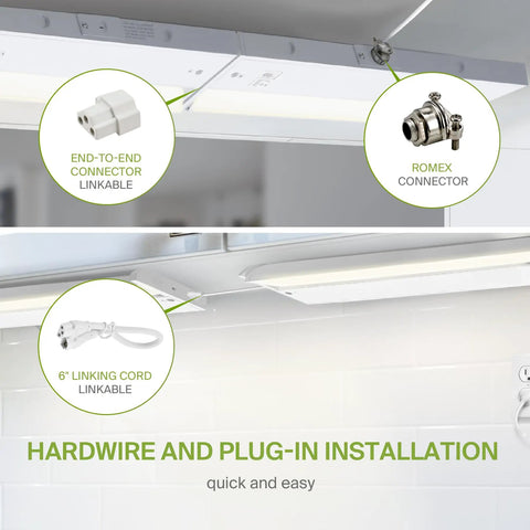 Swivel LED Under Cabinet Lighting Kit 32 Inch, Dimmable with plug-in and hardwire installation, connector details shown