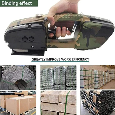 Handheld Electric Strapping Tool For Shipping Pallet Securing Automatic Friction Weld Banding Machine Adjustable Tension Fits 13 To 16 Mm Strap Bands in use with carton and pallet.