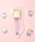 20 Pack Disposable Urine Bags For Kids With Adhesive Surface, clear bag with measurement scale on pink background