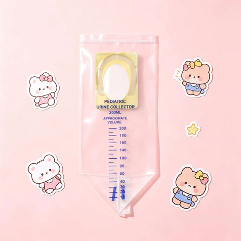 20 Pack Disposable Urine Bags For Kids With Adhesive Surface, clear bag with measurement scale on pink background