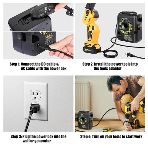 20V Corded Power Adapter For Dewalt 20V Max Tools showing setup steps: connecting cables, installing adapter, plugging in, and tool use.