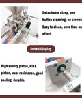 Detail display of Automatic 10 To 100 Ml Paste And Liquid Filling System, showcasing easy cleaning features and high-quality piston.