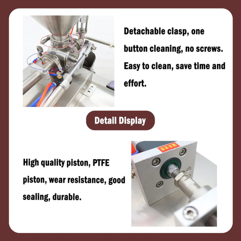 Detail display of Automatic 10 To 100 Ml Paste And Liquid Filling System, showcasing easy cleaning features and high-quality piston.