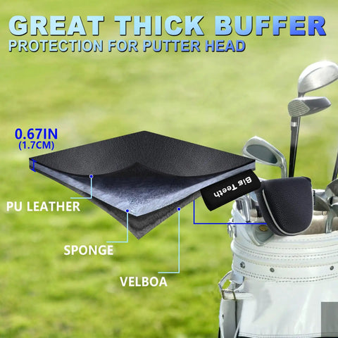 Cross-section view of Mallet Putter Headcover With Magnetic Closure For Heel Shafted Mallets in golf bag showing PU leather, sponge, velboa.