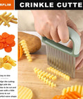 Front view of green-handled crinkle cutter and potato cutter with stainless blade for ridged fries