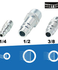 Beefy High Flow Half Inch Air Hose Fittings Set With Four Male IM Industrial NPT Plugs And One Female Air Plug In Solid Steel