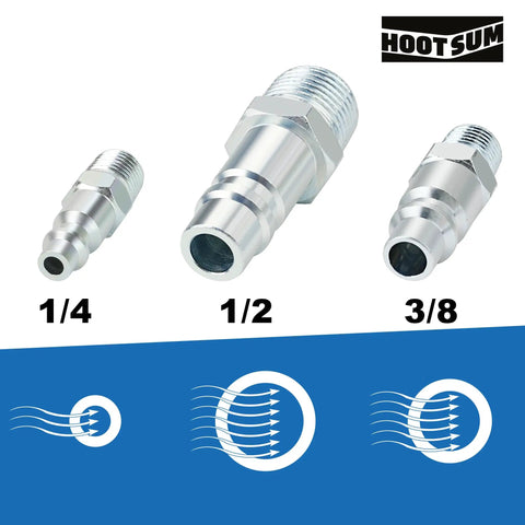 Beefy High Flow Half Inch Air Hose Fittings Set With Four Male IM Industrial NPT Plugs And One Female Air Plug In Solid Steel