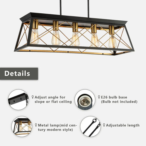 Five Light Farmhouse Rectangular Pendant Chandelier For Dining Room And Kitchen Island, Black Rustic Metal Frame With Brass Gold Sockets, Adjustable Height Chain, E26 Base Bulbs Not Included, 31.5 Inch Long