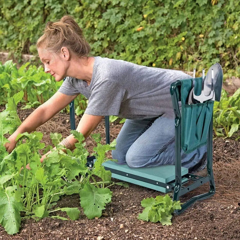 Woman using 2 In 1 Garden Kneeler Bench With Tools Pouch Folding Garden Stool for Patio And Yard during gardening.