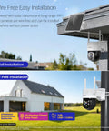 No Monthly Fee Solar Wireless Security Camera Outdoor With PTZ And AI Tracking Color Night Vision Thermal Detection 5G Dual Band WiFi 6 Self Powered By Solar Weatherproof mounted on wall and pole, showing installation options.