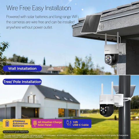 No Monthly Fee Solar Wireless Security Camera Outdoor With PTZ And AI Tracking Color Night Vision Thermal Detection 5G Dual Band WiFi 6 Self Powered By Solar Weatherproof mounted on wall and pole, showing installation options.