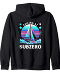 Back view of Ice Sailing Zip Hoodie For Ice Sailors And Winter Water Racers with Sailing at Subzero print, black color