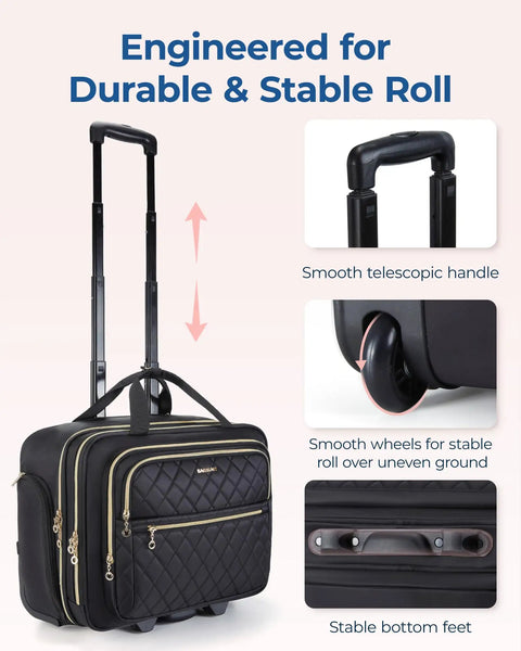 Rolling Laptop Bag For 15.6 Inch Laptop Underseat Carry On Luggage With TSA Lock Wheeled Computer Briefcase shown with handle and wheels