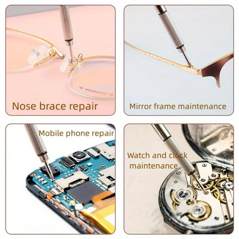 Compact 3-In-1 Glasses Repair Kit With Flat Head Phillips And Hex Bits On A Keyring used for glasses and electronics repair.