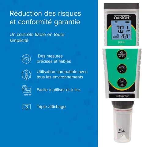 Waterproof Pocket pH Tester 30 With Wide pH Range From Minus One To Fifteen And Temperature Range From 0 To 50 Celsius Compact Handheld Meter For Home Lab Aquarium Hydroponics Field Use Easy Read Display, front view