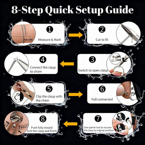 DIY Permanent Bracelet Kit With Ring Shaped Clasp For Couples And Friends Create A Bond With This All In One Tool Set Including Unlocking Tool Golden Clamp And Black Pliers Ideal Gift For Anniversaries Mothers Day And Birthdays Black And Gold 8-step setup guide illustration