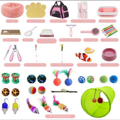 All In One 47 Piece Kitten Essentials Starter Kit For Kittens Under Six Months With Toys Bed Carrier Litter Box Bowls Grooming Tools And More For New Cat Parents In Pink showing assortment of cat supplies.