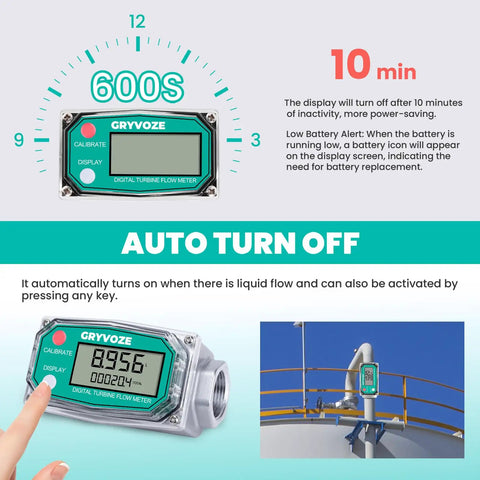 Auto turn off feature of Go-To Three-Quarter Inch Digital Turbine Fuel Flow Meter Inline NPT With 360 Degree Swivel Connector.