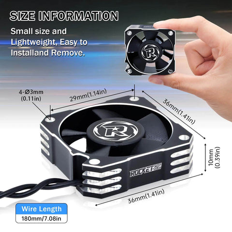 Hand holding Boss 35mm RC Motor Cooling Fan, 21000 RPM, 8.4V Aluminum ESC Fan for RC cars, black and silver design.