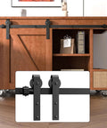 4 Foot Mini Sliding Barn Door Hardware Track Kit For 21 To 24 Inch Doors installed on a wood cabinet, black powder coat, J shape hanger.