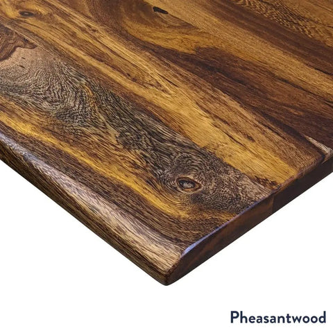 Close-up of solid teak wood surface on Kickin Electric Sit Stand Desk Featuring Solid Teak Wood Surface Integrated Sliding Storage Drawer Smooth Silent Motor Lift Built Tough For Your Daily Office Grind And Style Vibes.