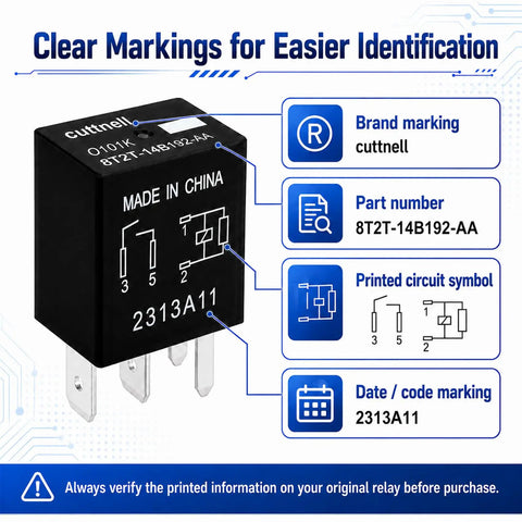 Six Pack 12V 40A 4 Pin Automotive Relay Replacement For 8T2T 14B192 AA And FoMoCo Style Units O101K Compatible Durable Auto Relay For Cars Trucks And SUVs black relay with markings and prongs