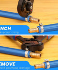2 In 1 Ratchet PEX Crimping Tool With Cinch And Remove Function, showing leak-proof crimp and hose damage protection on blue PEX