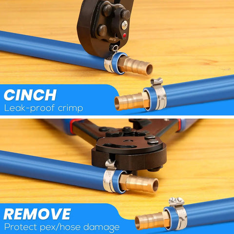 2 In 1 Ratchet PEX Crimping Tool With Cinch And Remove Function, showing leak-proof crimp and hose damage protection on blue PEX