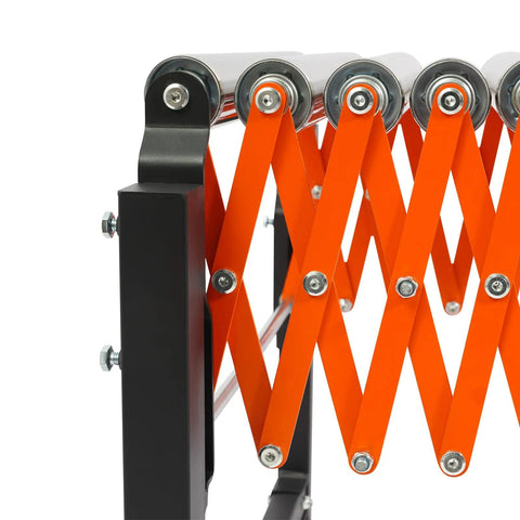 Heavy Duty Expandable Conveyor Roller Table With Adjustable Telescopic Flexible Design For Warehouse Shipping Docks, close-up view of orange telescopic frame.
