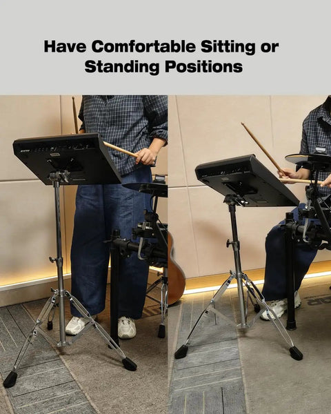 Person using Electronic Mounting Stand With Module Mount Plate For Drum Pads And Modules, Double Braced Steel Pad Rig With Chrome Finish