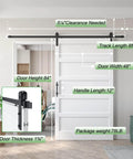 48 By 84 Inch White Barn Door With 8 Foot Sliding Hardware Kit Included And Handle MDF And PVC Surface Durable Water Proof And Scratch Proof Finish DIY Assembly 5 Panel Style Fits 45 To 47 Inch Opening, shown installed with measurements