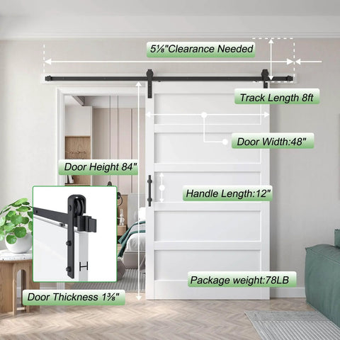 48 By 84 Inch White Barn Door With 8 Foot Sliding Hardware Kit Included And Handle MDF And PVC Surface Durable Water Proof And Scratch Proof Finish DIY Assembly 5 Panel Style Fits 45 To 47 Inch Opening, shown installed with measurements