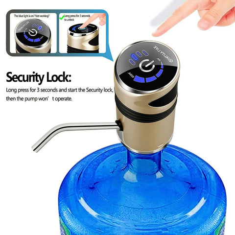 Portable USB Rechargeable Water Pump For 5 Gallon Jugs With Child Lock And Auto Shutoff in use on water jug