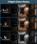 130 Degree Wide Angle Wireless Outdoor Security Camera System With Two Way Audio, night vision modes shown in three images