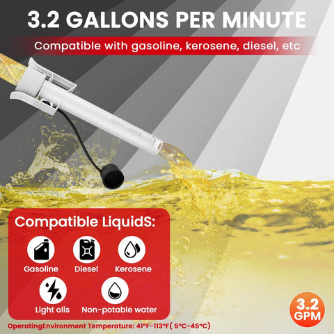 Battery Powered Gas Transfer Pump With Auto Stop, 3.2 GPM Flow, showing fuel compatibility and operating temperature range.