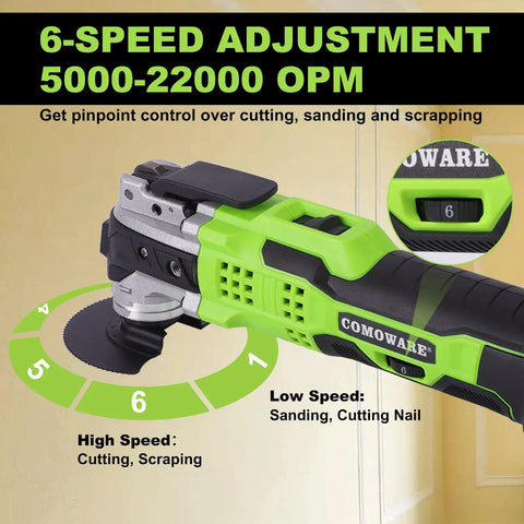 Cordless Oscillating Tool Kit With 20V Battery, Blazing 20,000 OPM, showcasing 6 speed adjustment dial from 5,000 to 22,000 OPM.