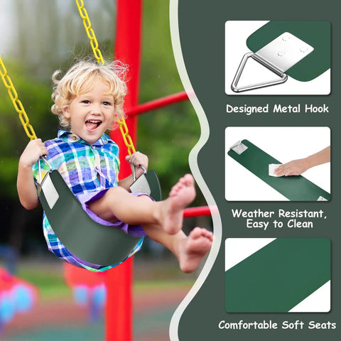 Child on Heavy Duty Backyard Swing Seat For Kids And Adults, 30.4 Inch Long By 6 Inch Wide, Green Yard Swing With Metal Triangle Ring