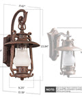 Large Rustic Lantern Outdoor Wall Sconce In Vintage Rust, Weatherproof 110V Lighting Fixture With Frosted Shade, dimensions shown