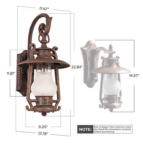 Large Rustic Lantern Outdoor Wall Sconce In Vintage Rust, Weatherproof 110V Lighting Fixture With Frosted Shade, dimensions shown